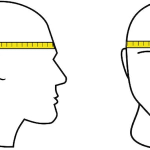 May include: Illustration of a head with a yellow measuring tape around it, showing how to measure head circumference.