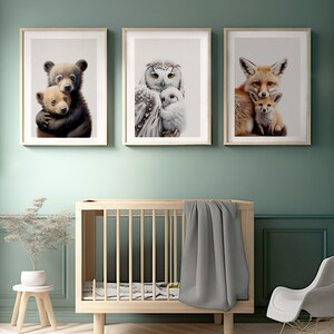 Poster Print Set - 3 animals bear, owl & fox - Instant DOWNLOAD - wall art for nursery and baby room decor -  forest animals for boy or girl