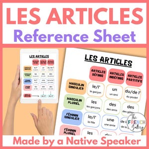 Puede incluir: Una hoja de referencia de artículos franceses, con el título "LES ARTICLES" en rosa. Muestra ejemplos de artículos definidos, indefinidos y partitivos, con secciones codificadas por colores para las formas masculinas y femeninas. El texto "Made by a Native Speaker" está en la parte inferior.