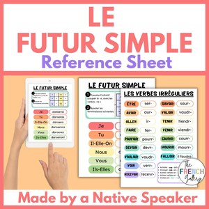 May include: A French language reference sheet for the future tense, titled "LE FUTUR SIMPLE." It features verb conjugations and irregular verbs. The text is in pink and purple on a white background. The image includes a tablet and paper sheets.
