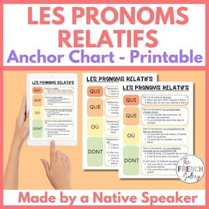 Puede incluir: Un gráfico imprimible de gramática francesa titulado "Les Pronoms Relatifs". El gráfico incluye ejemplos de pronombres relativos como QUI, QUE, OÙ y DONT. La imagen también muestra una tableta que muestra el gráfico y un logotipo de "The French Gallery".
