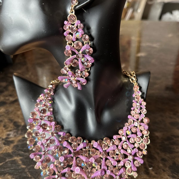 Purple Bridal Necklace set, Bridal Jewelry, Evening Necklace Jewelry, Wedding necklace set, Prom Necklace Jewelry, Rhinestone necklace set