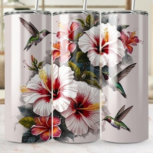 Floral Hummingbird 20oz Skinny Tumbler Wrap Sublimation Design, Tropical Hibiscus Hummingbird PNG, Seamless Digital Download, Commercial Use
