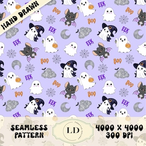 Whimsical Halloween Ghost Bat Hand Drawn Seamless Pattern PNG, Digital Papers, Sublimation Repeating Pattern Instant Download Commercial Use