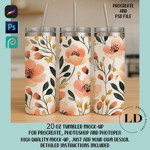 May include: Mockup of three 20 ounce stainless steel tumblers with a floral design. The tumblers are white with pink and peach flowers and green leaves. The text "PROCREATE AND PSD FILE" is at the top of the image.