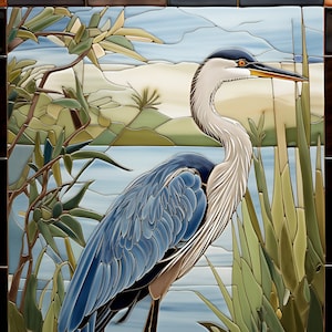 Blue Heron Ceramic Tile, Bird Accent Tile, Decorative Bird Tile