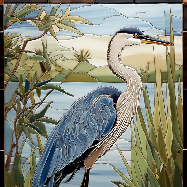 Blue Heron Ceramic Tile, Bird Accent Tile, Decorative Bird Tile