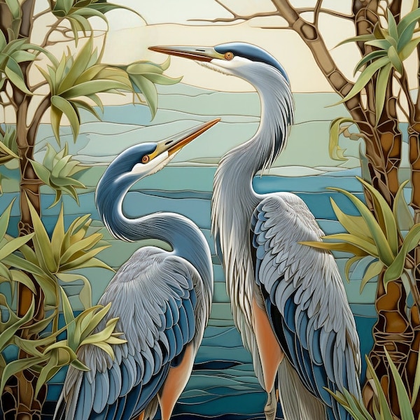 Herons Ceramic Baksplash. Heron Couple Decorative Shower Mosaic
