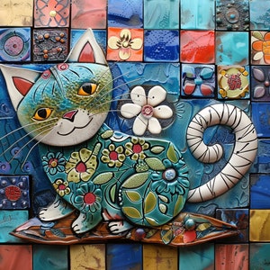 May include: A blue and green ceramic cat with white fur and a white tail, decorated with colorful flowers. The cat is sitting on a brown and green leaf-shaped base. The cat is made of mosaic tiles.