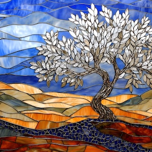 May include: A stained glass artwork depicting a stylized tree with silver leaves against a blue and orange landscape.