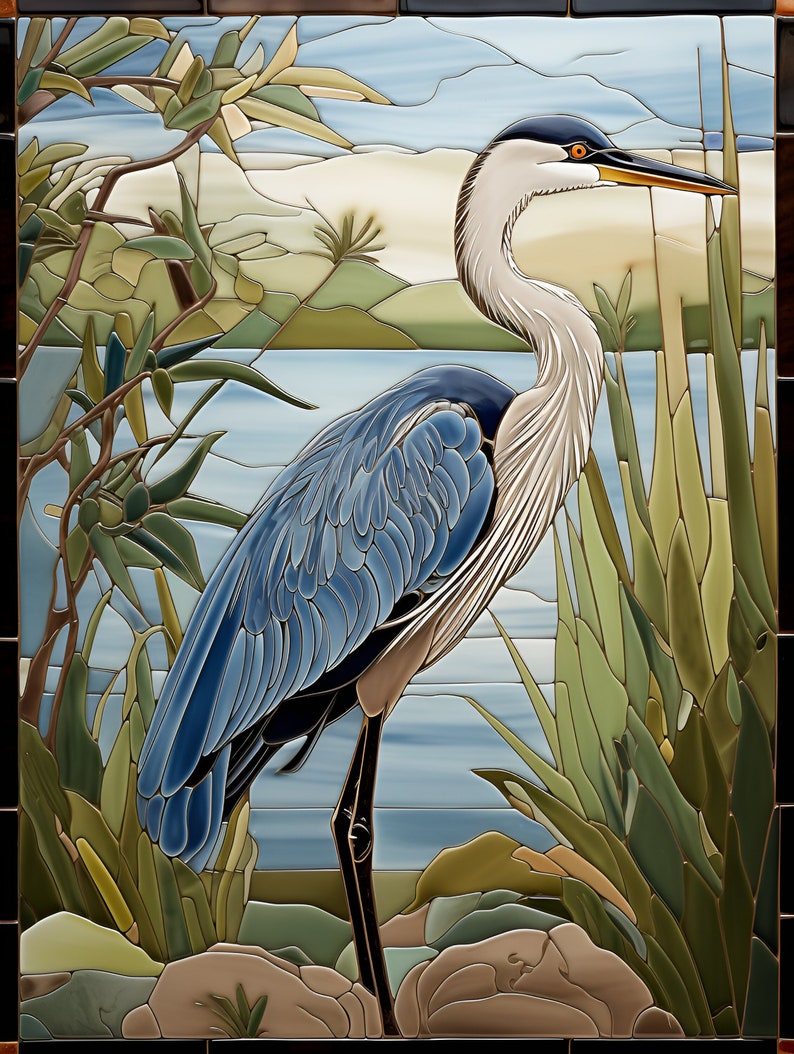 Blue Heron Ceramic Tile, Bird Accent Tile, Decorative Bird Tile image 1