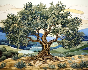 Olive Tree Tile Mural: Mediterranean Countryside Mosaic