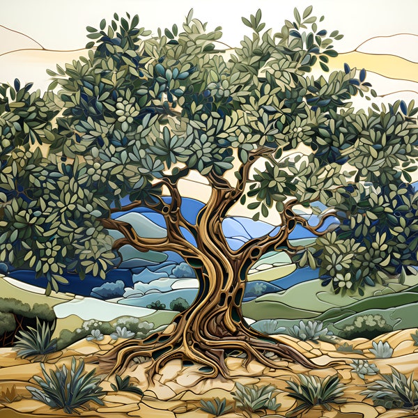 Mediterranean Countryside Tile or Mural. Olive Tree tile or mosaic.