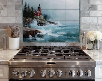 Lighthouse Ceramic Tile, Nautical Kitchen Backsplash, Coastal Home Decor, Beach House Tile.