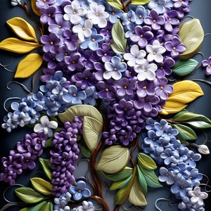 Azulejo o mural de cerámica con motivos de lilas.