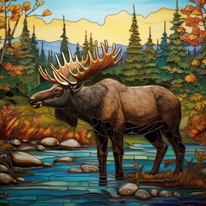 May include: A stained glass artwork depicting a brown moose with large antlers standing in a stream. The background features a forest with green trees and fall foliage in shades of orange, yellow, and red.