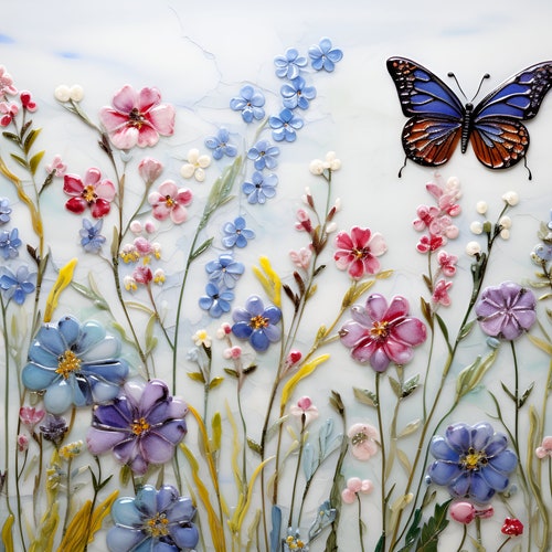 Azulejos cerámicos con diseño de mariposas y flores silvestres para salpicadero de cocina - Arte mural floral