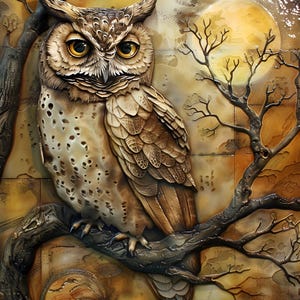 May include: A brown and white owl with yellow eyes perched on a branch with a full moon in the background. The owl is depicted in a realistic style with intricate details.