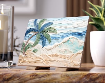 Palm Tree by the Ocean Ceramic Tile or Mural. Beach Accent Tile, Seaside Decorative Tile or Mosaic.