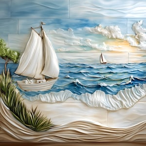 May include: A white sailboat with a blue hull sails on a blue ocean with white foamy waves. The ocean is painted on a white tiled background with a blue sky and white clouds.
