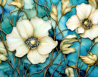White Wildflowers Ceramic Tile Kitchen Backsplash Mural