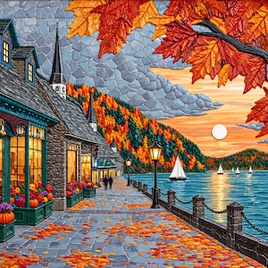 May include: A textured wall art piece depicting a lakeside town street in autumn. The scene features stone buildings with green trim, flower boxes with pumpkins, a cobblestone path covered in orange leaves, a lake with sailboats, and a large tree.