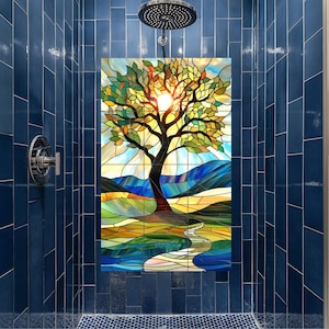Sun Behind Tree Ceramic Tile Mural: Shower Wall Mosaic