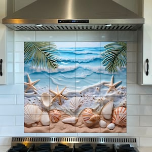 Palm Leaves Backsplash. Ocean Starfish Ceramic Mosaic.