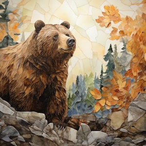 May include: A mosaic artwork depicting a brown bear standing on rocks in a forest setting. The bear is looking up and to the right. The forest is made up of trees with green and blue leaves and a tree with orange leaves. The background is a light yellow and orange.