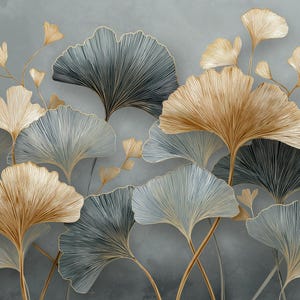 May include: An artistic rendering of ginkgo leaves in shades of gold, gray, and blue against a muted gray background. The leaves have a detailed, linear design, with gold accents on the stems and edges, creating a sophisticated botanical theme.