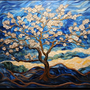 May include: A stained glass artwork depicting a flowering tree with white blossoms against a blue and yellow background. The tree is set against a backdrop of stylized hills and a sky with swirling clouds.