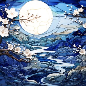 May include: A blue and white stained glass style artwork depicting a moonlit landscape with a winding river, rocky terrain, and blooming cherry blossom branches.
