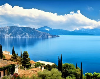 Mediterranean Landscape Backsplash, Italy Seaside Ceramic Tile Mural, Seascape Wall Mosaic.
