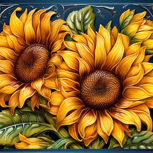 May include: Two large sunflowers with yellow petals and brown centers against a dark blue background. The sunflowers are in focus and the background is blurred.