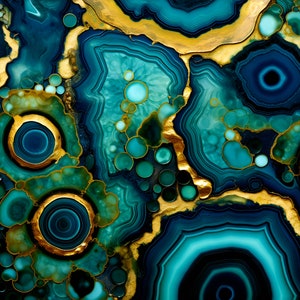 May include: Abstract image featuring a close-up view of a gemstone pattern. The design showcases concentric circles and flowing lines in shades of teal, turquoise, and navy blue, accented with gold veins. The overall effect is a luxurious, organic texture.