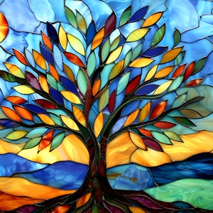 May include: A stained glass artwork depicting a tree with colorful leaves against a blue sky with a sun. The tree has a thick trunk and branches with leaves in shades of red, orange, yellow, green, and blue. The sky is a vibrant blue with a yellow sun in the upper left corner.