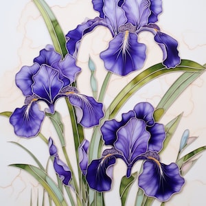 May include: A painting of three purple irises with green leaves and stems on a white background.