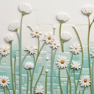 May include: A mosaic wall art featuring white daisies on a light blue and white background. The daisies are made of ceramic tiles and are arranged in a random pattern. The background is made of small, square tiles.