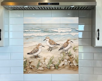 Sanderlings Ceramic Backsplash. Coastal Birds Tile.