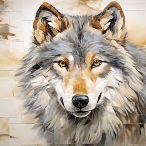 May include: A close-up of a wolf's face, painted in a mosaic style with various shades of gray, brown, and white. The wolf's eyes are a bright yellow, and its nose is black.