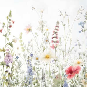 May include: A watercolor painting of a field of wildflowers in shades of pink, white, blue, and green. The flowers are arranged in a vertical line, with the tallest flowers at the back and the shortest flowers at the front. The background is a soft white.