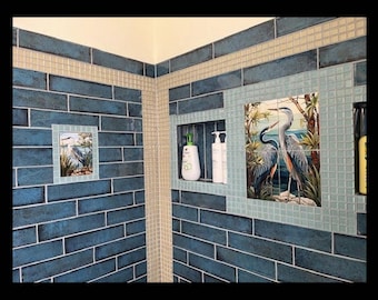 Herons Ceramic Baksplash. Heron Couple Decorative Shower Mosaic