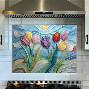 May include: A colorful ceramic tile backsplash with a 3D design of tulips in shades of pink, yellow, purple, and red. The tulips are set against a blue and white background with a wavy pattern.