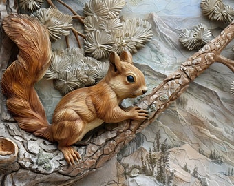 May include: A carved wooden squirrel with a bushy tail sits on a tree branch. The squirrel is brown and has a white belly. The tree branch is brown and has a rough texture. The background is a light brown and has a textured look.