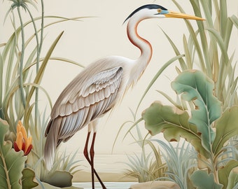 Grey Heron Ceramic Tile: Coastal Bird Art, Smooth Finish