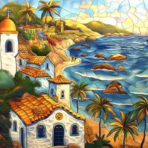 Puede incluir: Una pintura vibrante de un pueblo costero con edificios blancos, tejados de tejas naranjas y palmeras. La obra representa una iglesia con una cruz, una costa y un océano azul bajo un cielo soleado. El estilo se asemeja al vitral.