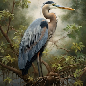 May include: A great blue heron perches on a branch in a misty forest setting. The bird's blue-gray feathers are detailed, and its long legs are visible. The background is a soft, muted green and brown.