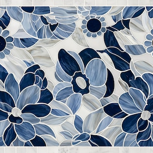 May include: A mosaic tile design featuring a floral pattern in shades of blue, white, and gray. The flowers have detailed petals and are outlined with white grout. The border is made of small, square white tiles.