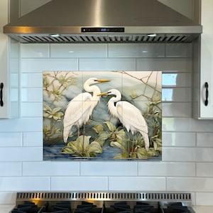 Egrets on the Marsh Kitchen Backsplash. Egret Shower Mural.