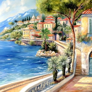 May include: A painting of a Mediterranean village with colorful buildings, palm trees, and a blue ocean. The scene is viewed from a cobblestone path leading to a building with a green door.